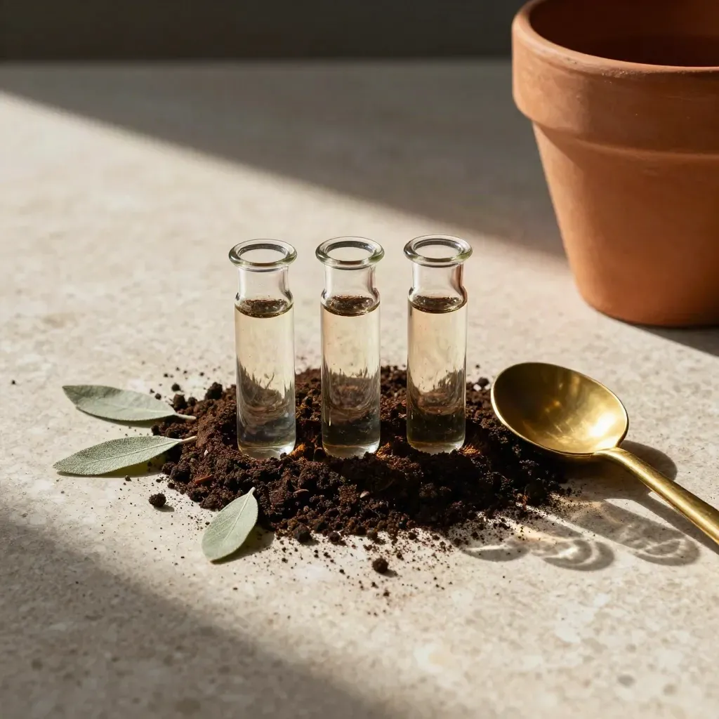 Top-down soil testing still life with vials, potting soil, brass scoop, and terracotta planter.