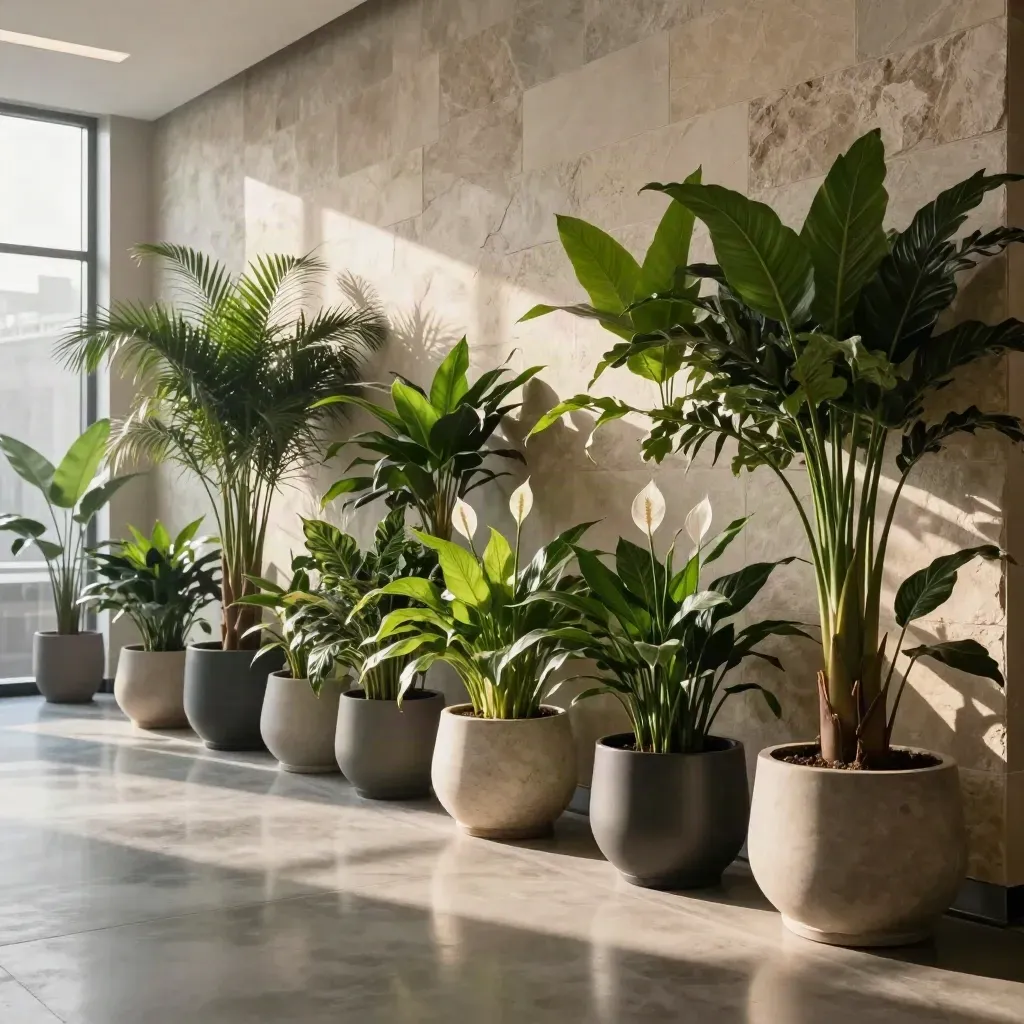 Revived office lobby plants line a stone wall with soft daylight on polished concrete.
