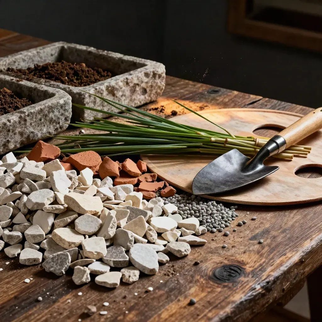 Garden design materials—stone chips, terracotta, gravel, grass stems and trowel on a workbench.