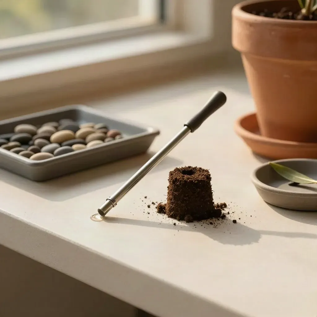 Soil probe beside terracotta pot foot, water bead, leaf, pebble tray and drainage saucer on a pale plaster surface.
